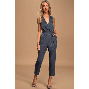 Lulus Love Like That Washed Navy Blue Satin Sleeveless Jumpsuit - Size M